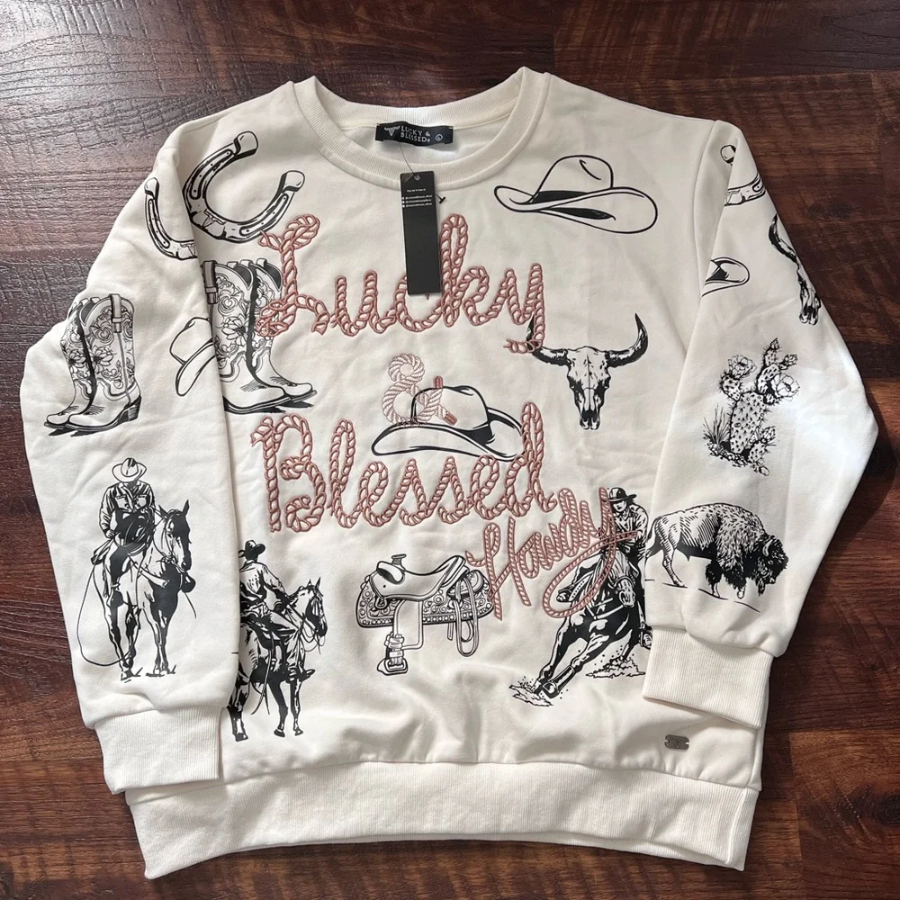 Lucky & Blessed Western Theme Sweatshirt - White and Black - Picture 1 of 5